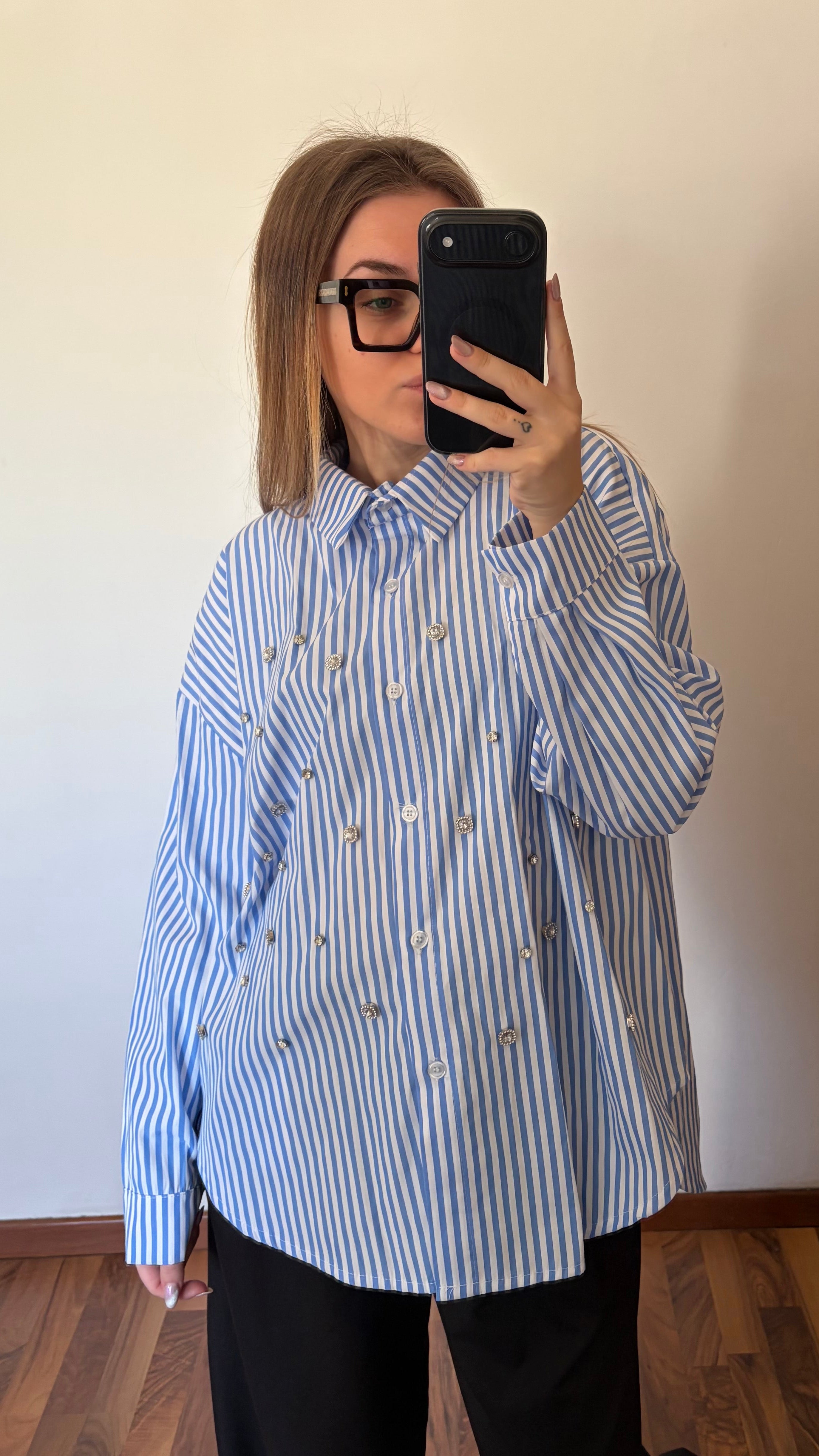 Camicia Over Azzurra con Swarovski