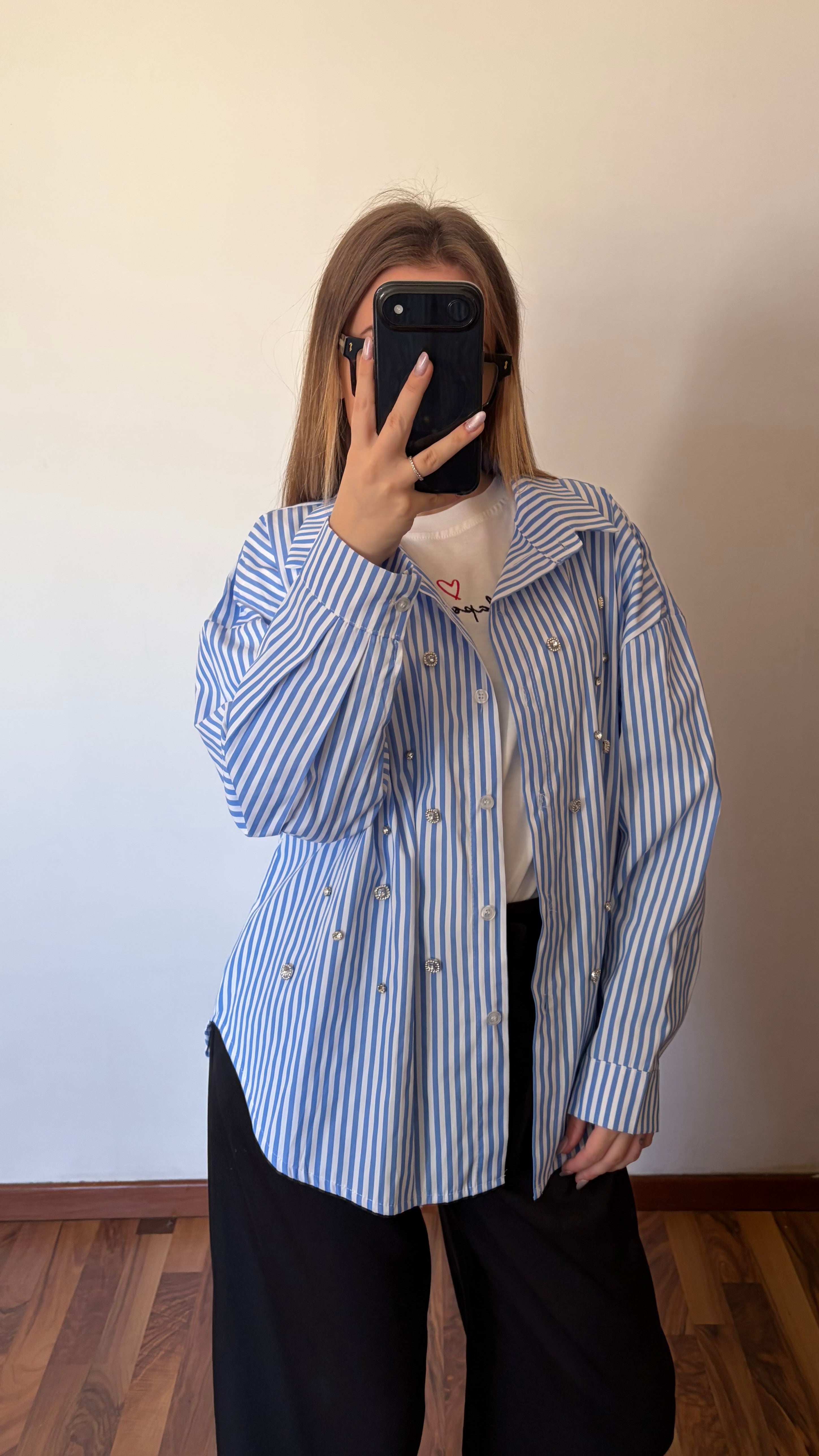 Camicia Over Azzurra con Swarovski